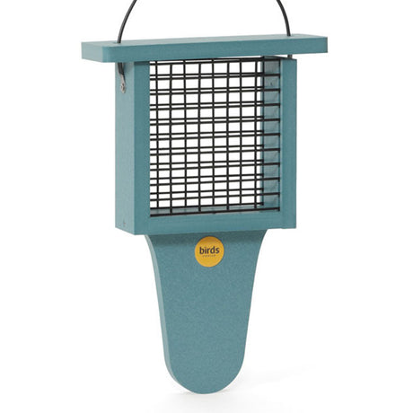 Bird feeder with wire mesh, holds one suet cake, top-lifting roof for easy refill, designed for bird watchers, durable recycled plastic.