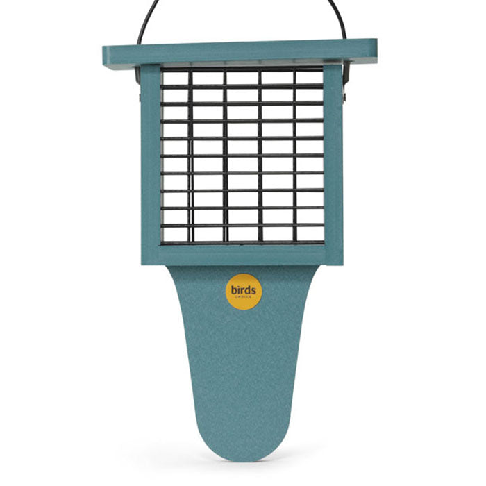 Suet Feeder with Tail Prop for Single Cake featuring a cage design, powder-coated screens, and a top-lifting roof for easy refilling.