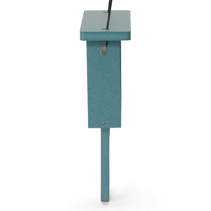 Suet Feeder with Tail Prop for Single Cake, featuring a blue wooden podium and black pole for easy bird feeding and maintenance.