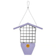 Suet Feeder with Tail Prop, Purple: A durable feeder with a suet cage, top-lifting roof, and hanging cable, designed for woodpeckers and various birds.