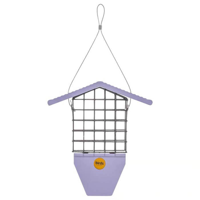 Suet Feeder with Tail Prop, Purple: A durable feeder with a suet cage, top-lifting roof, and hanging cable, designed for woodpeckers and various birds.