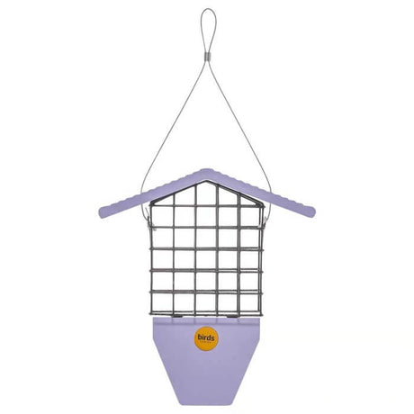 Suet Feeder with Tail Prop, Purple: A durable feeder with a suet cage, top-lifting roof, and hanging cable, designed for woodpeckers and various birds.