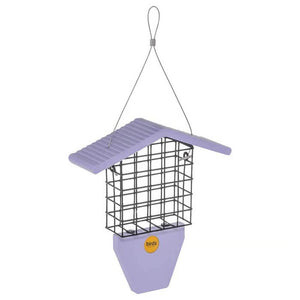 Suet Feeder with Tail Prop, Purple. Features a suet cage with an easy-to-lift roof, perfect for woodpeckers and other birds. Includes hanging cable.