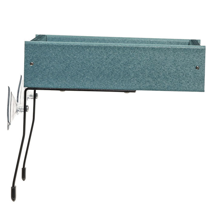 Window Platform Bird Feeder, Lake Blue, with black mounting brackets and suction cups for easy window attachment, designed to hold two cups of seed.