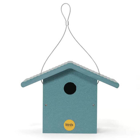 Wren Bird House, Lake Blue, with a yellow label, featuring a 1-1/4 inch entrance hole and durable recycled plastic. Includes hanging wire for easy setup.