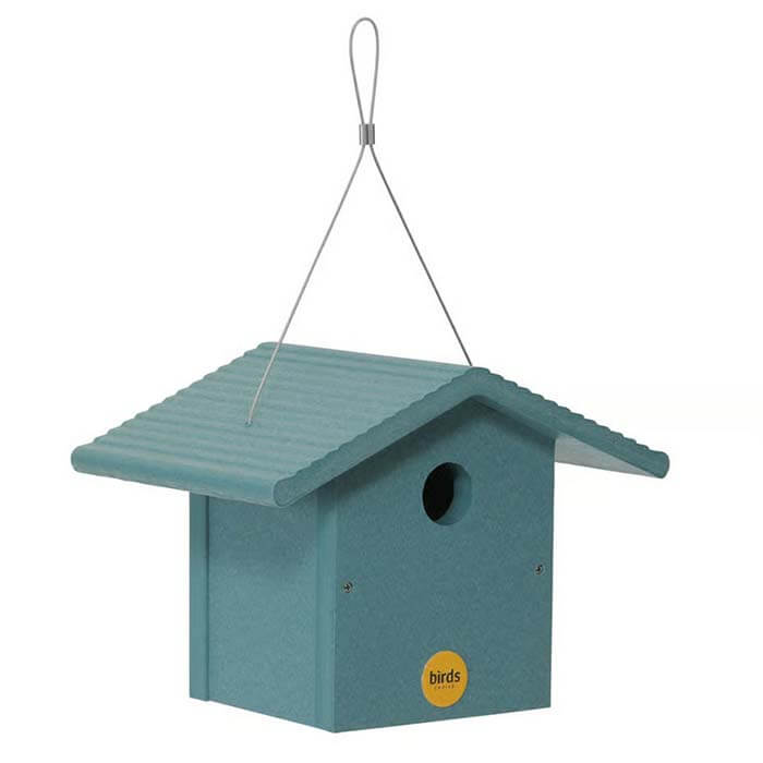 Wren Bird House, Lake Blue, with yellow label, 1-1/4 inch entrance hole, made from durable recycled plastic, includes hanging wire.