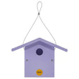 Wren Bird House, Purple, made from durable recycled plastic with a hanging cable. Features a 1-1/4 inch entrance hole and easy-to-open top panel.