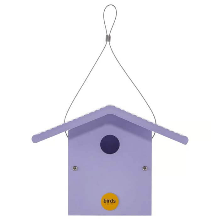 Wren Bird House, Purple, made from durable recycled plastic with a hanging cable. Features a 1-1/4 inch entrance hole and easy-to-open top panel.