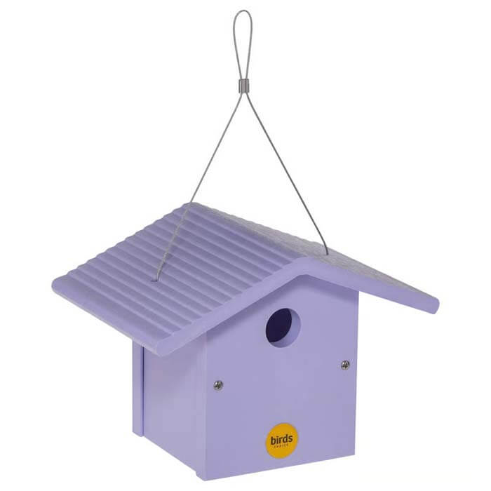 Wren Bird House, Purple: A durable, maintenance-free birdhouse made from recycled plastic with a 1-1/4 inch entrance hole, hanging cable, and easy-to-clean top panel.