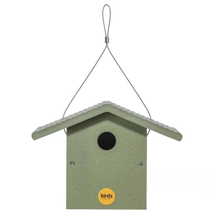 Wren Bird House, Green: A durable, maintenance-free birdhouse made from recycled plastic, featuring a white roof and hanging wire for easy installation.