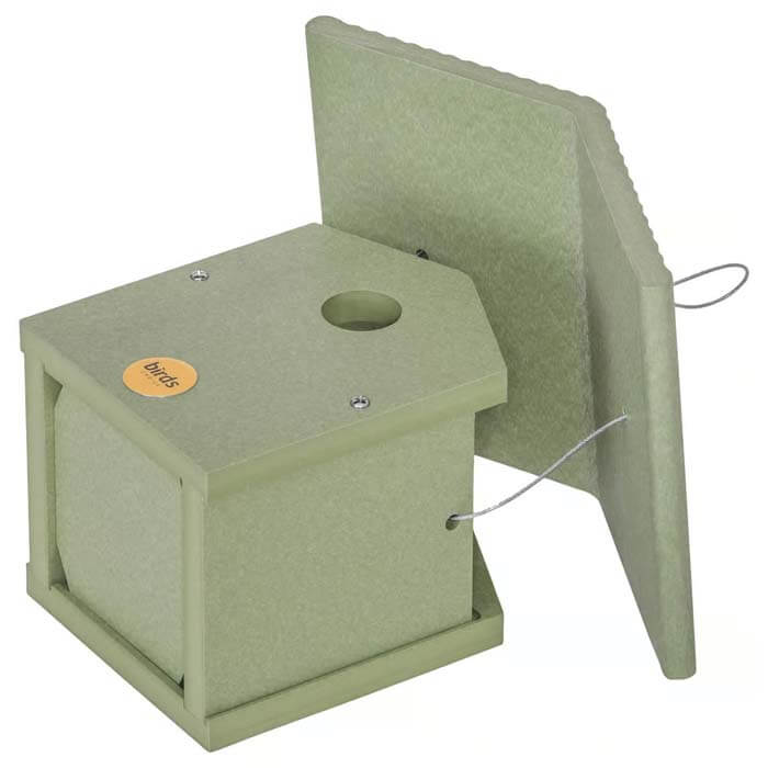 Wren Bird House, Green, featuring a 1-1/4 inch entrance hole, made from durable recycled plastic with a hanging wire and top panel for easy cleaning.