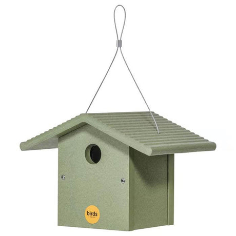 Wren Bird House, Green, with a 1-1/4 inch entrance hole, durable recycled plastic, hanging wire, and easy-open top for cleaning.