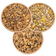 3 Bowls of birdseed from a birds eye view, specifically:  Super No-Waste Blend, Four Seasons No-Waste, and Fancy Finch Mix
