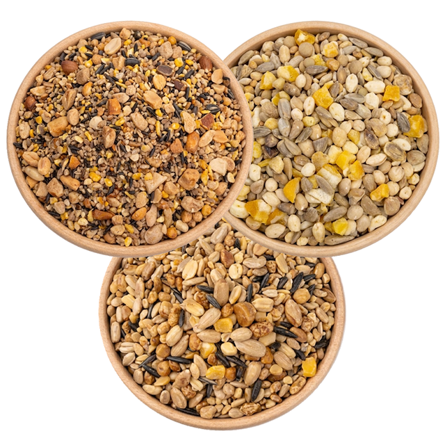 3 Bowls of birdseed from a birds eye view, specifically:  Super No-Waste Blend, Four Seasons No-Waste, and Fancy Finch Mix