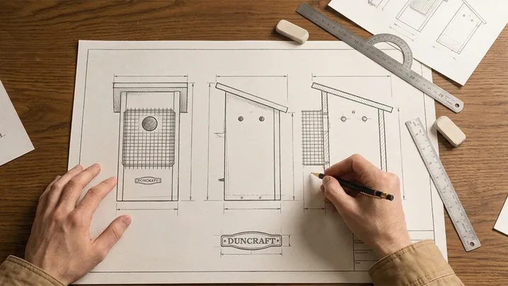 male hands drafting up a duncraft birdhouse on a piece of paper