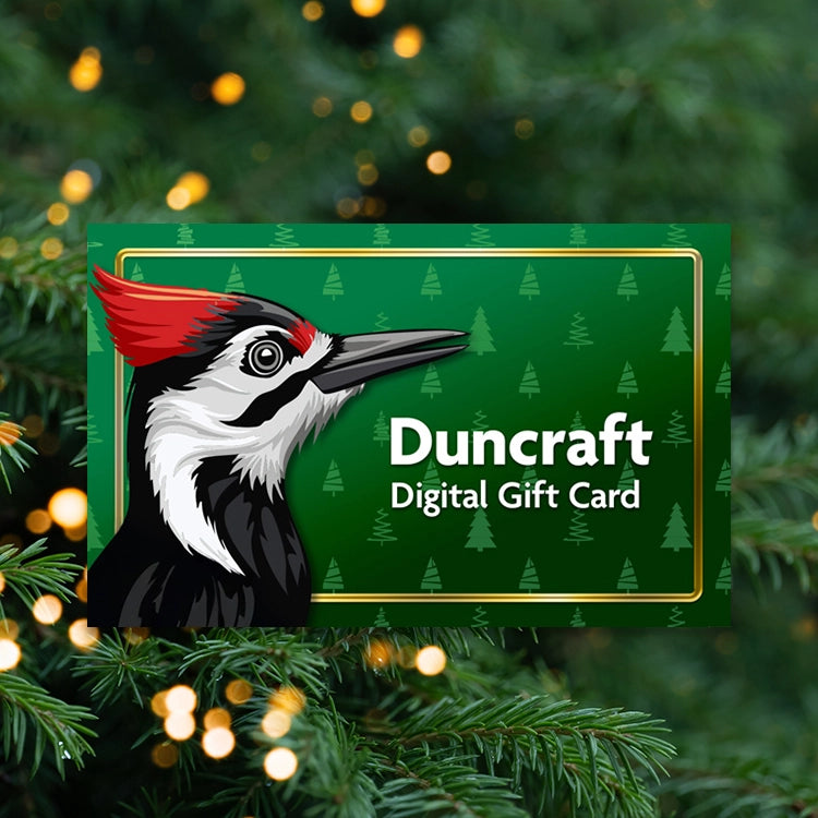 Duncraft digital gift card with woodpecker illustration on a Christmas tree background