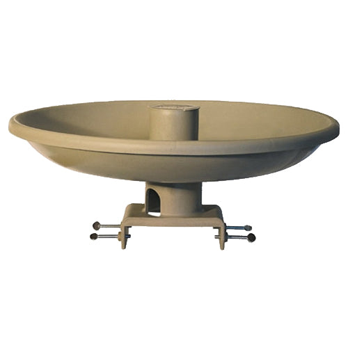 All Seasons Heated Bird Bath, Deck Mount, featuring a round basin with a central heater, designed for easy setup and bird hydration during freezing weather.