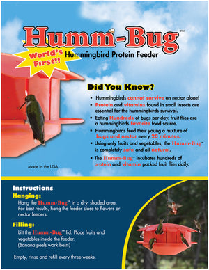 Humm-Bug Hummingbird Protein Feeder: Poster featuring a close-up of a feeder designed to incubate fruit, attracting hummingbirds to feed on produced fruit flies.