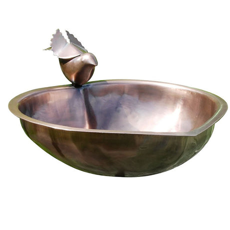 Heart Shaped Bird Bath with Stake featuring a copper-plated, heart-shaped basin and a decorative dove, perfect for garden bird watching and easy installation.