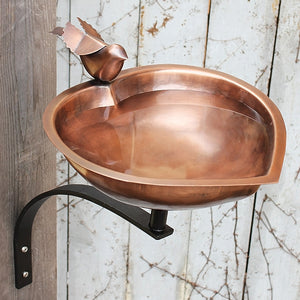 Heart Shaped Bird Bath with Wall Mount Bracket featuring a copper-plated, heart-shaped basin and decorative bird accent, ideal for easy bird watching.