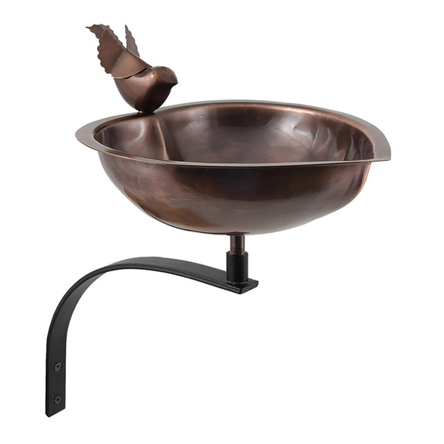 Heart Shaped Bird Bath with Wall Mount Bracket: Decorative heart-shaped basin with bird accent, copper-plated stainless steel, weather-resistant bracket, perfect for easy bird watching.