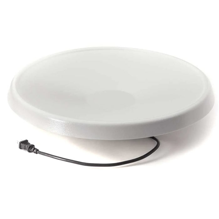 Heated Bird Bath Bowl in White 20 with a black cord, designed to prevent water from freezing and attract birds for preening.