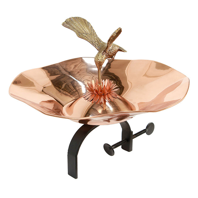 Hummingbird Bird Bath with Over Rail Bracket featuring a copper-plated basin and a detailed brass hummingbird sipping from a flower, designed for easy bird watching.