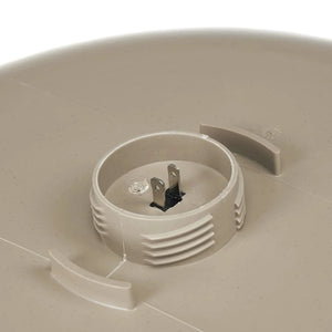 Underside view of All Seasons Heated Bird Bath, Deck Mount, showing twist-lock tabs and metal prongs for easy electrical connection to maintain bird water in freezing temperatures.