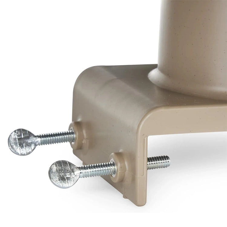 Close-up of the All Seasons Heated Bird Bath's beige bracket with three silver screws, designed for secure deck mounting, supporting a thermostatically controlled birdbath.