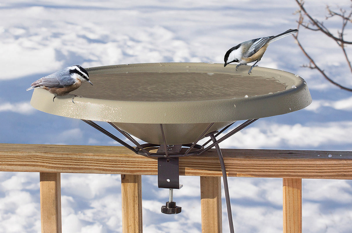 Deck Mount Heated Bird Bath with birds perched on the edge, featuring a built-in heater and deck mount bracket for easy attachment and maintenance.