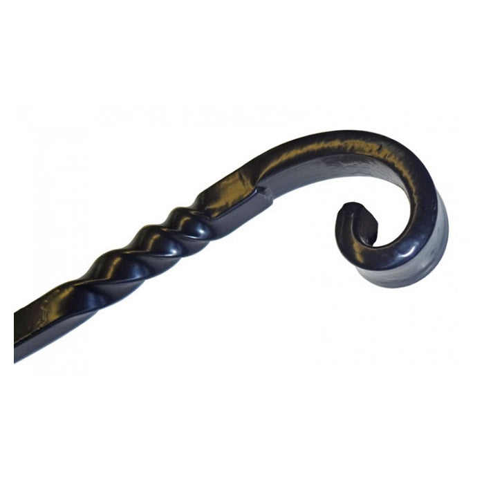 Hand Forged Wall Hanger: black, curved iron with decorative twists, designed to secure bird feeders, includes mounting hardware, durable black powder-coated finish, available in 20 or 30 sizes.