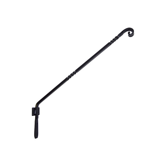 Hand Forged Wall Hanger: black metal tool with curved handle, hand-forged from wrought iron, designed for mounting bird feeders, featuring a durable black powder-coated finish.