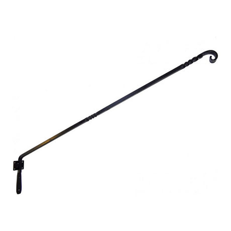 Hand Forged Wall Hanger with upturned end, decorative twists, and durable black powder coat finish, ideal for mounting bird feeders.