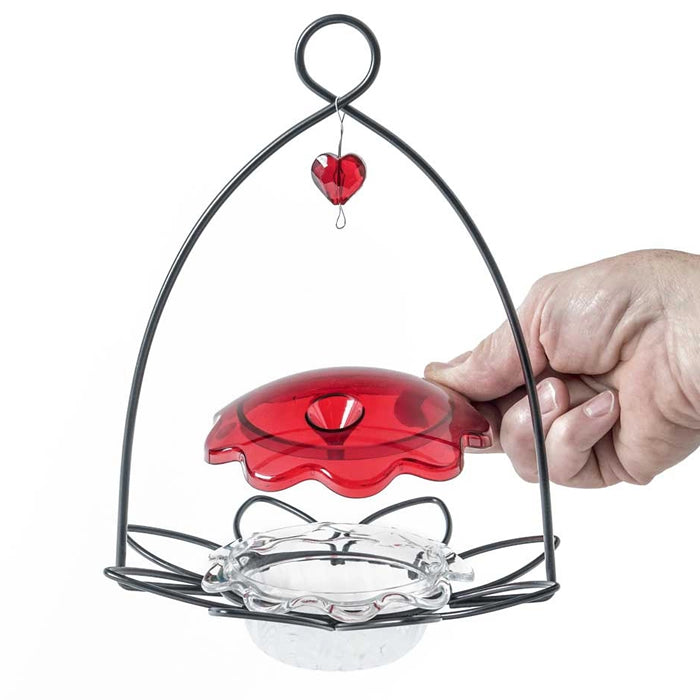 Hummingbird Flower Feeder: A hand holding a flower-shaped feeder with a metal frame, red plastic gem, and a clear plastic dish with a metal hanging loop.