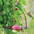 Hummingbird Flower Feeder with decorative flower-shaped gem, metal frame, and clear plastic dish. Features one feeding port and a metal hanging loop for easy display.