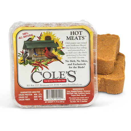 Cole's Hot Meats Suet Cakes package with label, designed to attract birds and repel squirrels, featuring a stack of suet cakes in the background.