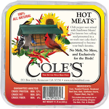 Package of Cole's Hot Meats Suet Cakes featuring birds and sunflowers, designed to attract birds and repel squirrels with hot chili pepper flavor.