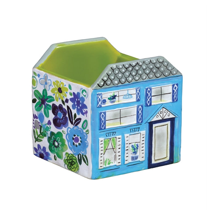 Digby Road House Plant Holder showcasing hand-painted house design with floral details, designed for mini succulents. Features vibrant artwork by Jennifer Orkin-Lewis.