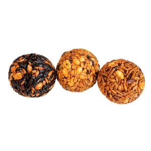 Sizzling Seed Ball Variety Pack, 18 Balls, featuring round, nut-filled seed balls designed for bird feeding, attracting various birds, and deterring squirrels.