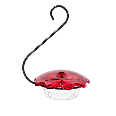 Hummingbird Single Cup feeder with red lid and clear dish, featuring a decorative flower-shaped gem and black metal holder.