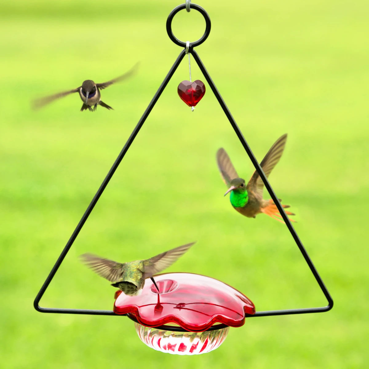 Hummingbird Swing Feeder with red scalloped-edge design, suspended from a triangular metal hanger, features a dangling red glass heart and three hovering hummingbirds.