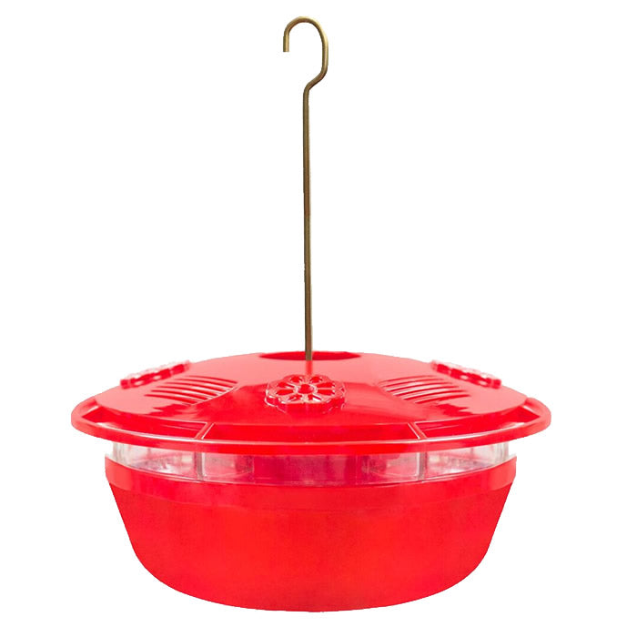 Humm-Yumm Protein PLUS Nectar Feeder with hook, featuring slotted feeding openings and perch for hummingbirds.