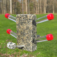 Oasis Hummingbird Glass Tube Feeder featuring a granite base with four clear feeding tubes and red caps, hanging outdoors.