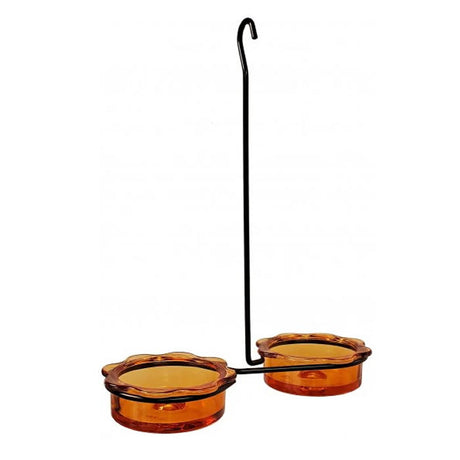 Double Dish Oriole Feeder with two glass holders and a black metal bracket, ideal for attracting orioles with jelly or mealworms.