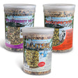 Jumbo Classic Seed Logs, Set of 3, featuring mixed nuts, sunflower seeds, and dried fruit in plastic containers, ideal for attracting various birds year-round.