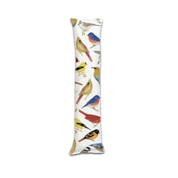 Catnip Kicker Catnip Toy, Wildbirds: A long, narrow fabric draft stopper with watercolor-style songbird illustrations, designed for cats to kick, lick, and pounce.