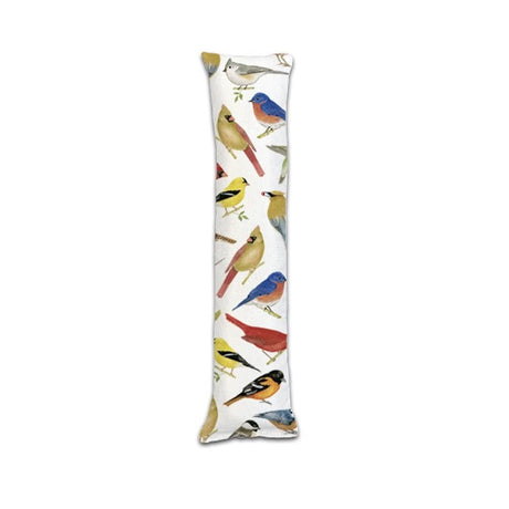 Catnip Kicker Catnip Toy, Wildbirds: A long, narrow fabric draft stopper with watercolor-style songbird illustrations, designed for cats to kick, lick, and pounce.