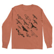 Bird Collective Hawks In Flight Long Sleeve T-Shirt featuring illustrated birds in various flight poses, crafted from heavyweight cotton for birdwatchers and nature enthusiasts.