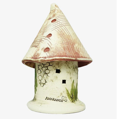 Ladybug Castle: A small ceramic birdhouse with a cone-shaped roof, designed for ladybugs, handcrafted from weatherproof stoneware for garden use.