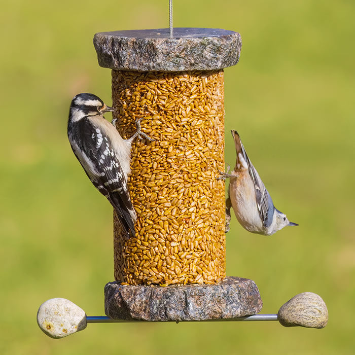 Sea Stones Lifetime Seed Cylinder Bird Feeder with birds feeding, showcasing its handcrafted design and granite material, perfect for enhancing garden decor.